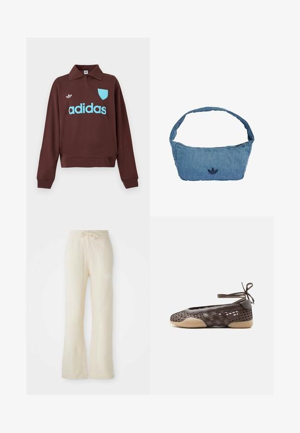 Brun sweatshirt med polo krave, der har en lys blå "adidas" logo og skjolddetalje, lavet af blødt stof med en afslappet pasform.; Cremefarvede sweatpants med en blød tekstur, featuring en snoretræk i taljen og flair ben. Diskret logo detalje på venstre hofte.; Brun vævet flad sko med beige sål og ankelbind, med læderoverdele og åben vævet design på siderne og tåen.; Skuldertaske i lyseblå denim med et broderet mørkeblå logo. Har en bred, blød rem og en lynlåslukning øverst.