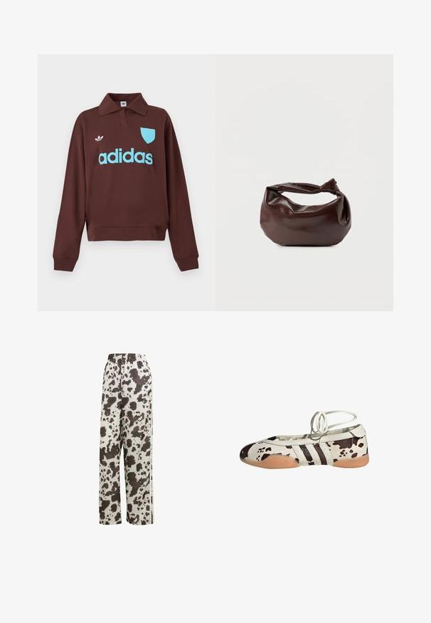 Sudadera marrón con cuello tipo polo, que presenta un logo de "adidas" en azul claro y un detalle de escudo, confeccionada en un tejido suave con un corte relajado.; adidas Originals COW PRINT SATIN WIDE LEG - Pantalones deportivos - multicolor off white; Bailarinas de cuero blanco con estampado de vaca marrón, con tres rayas negras en el lateral y suela flexible de goma color marrón claro.; Bolso de hombro de cuero marrón oscuro con una forma suave y caída, y un asa con nudo torcido sobre un fondo blanco liso.