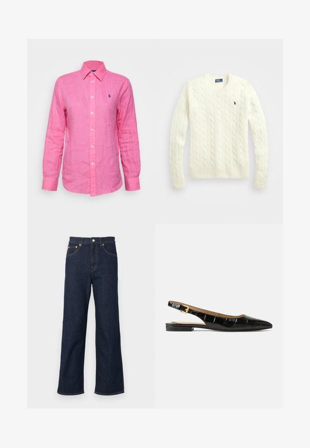 Polo Ralph Lauren CABLE KNIT WOOL CASHMERE JUMPER - Striktrøje - authentic cream; Langærmet, krave skjorte i lys pink linned, med et lille blåt logo på venstre bryst og hvide knapper ned foran.; Mørkeblå straight-leg denim jeans med forreste knap, lynlås og design med fem lommer.; Sorte slingback-flats i laklæder med spids tå, prydet med et struktureret, quiltet design og en lille, rektangulær hæl. Guldspænde som detalje.