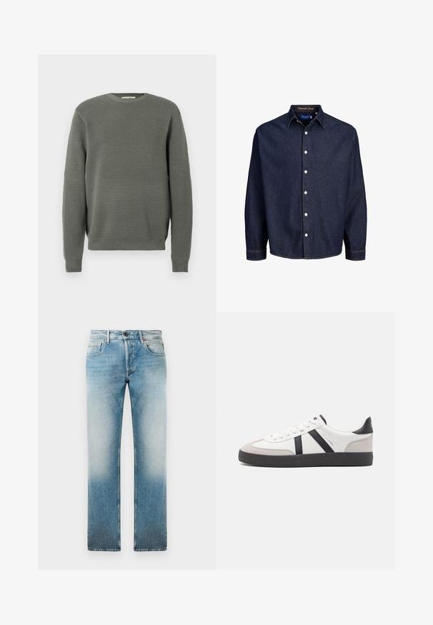 Grøn ribbet sweater med rund hals, struktureret stof, lange ærmer samt ribbede manchetter og nederkant. Enkel, lige pasform.; Mørkeblå denimskjorte med knaplukning foran, lange ærmer og klassisk krave, med hvide knapper og kontrasterende syninger.; Lys blå denim jeans med lige ben-design, der har et falmet vask, fem lommer og en knaplukning i taljen.; Hvide sneakers med sorte og grå detaljer, med en tekstureret grå tåhætte, sort gummisål og flade hvide snørebånd. Rent design, minimalistisk stil.