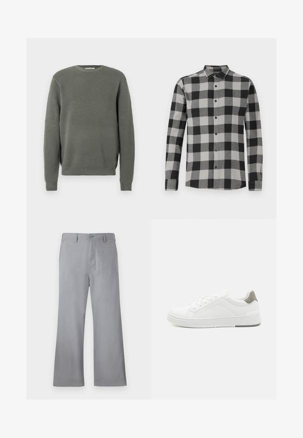 Suéter verde de canalé con escote redondo, tejido texturizado, mangas largas y puños y dobladillo de canalé. Diseño simple y recto.; Camisa de manga larga a cuadros en negro y gris con cierre de botones. Presenta un cuello y botones negros. Confeccionada en una suave tela texturizada.; Pantalones de pierna ancha grises, hechos de una tela suave, con cierre frontal de botón, trabillas para cinturón y un diseño limpio sin patrones ni acentos visibles.; Zapatilla blanca con material de cuero liso, punta redonda, diseño minimalista, acento gris en el talón y suela de goma texturizada.