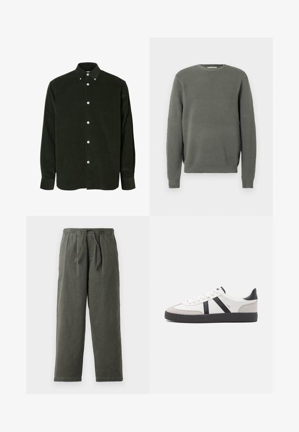 Sweater vert côtelé avec un col rond, en tissu texturé, à manches longues, et des poignets et un ourlet côtelés. Design simple et droit.; Chemise en velours côtelé vert foncé à manches longues avec boutons blancs et col boutonné, présentée sur fond blanc.; Pantalons vert olive foncé avec ceinture à cordon en tissu léger. Coupe ample avec jambes droites et sans poches ni embellissements visibles.; Baskets blanches avec des accents noirs et gris, présentant un embout texturé gris, une semelle en caoutchouc noir et des lacets plats blancs. Design épuré, style minimaliste.