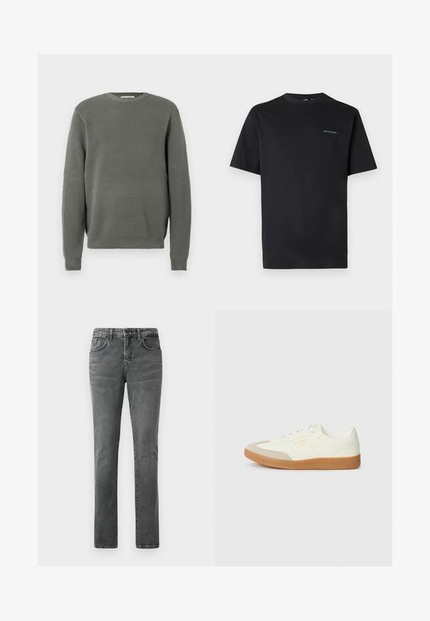 Grüner gerippter Pullover mit Rundhalsausschnitt, strukturiertem Material, langen Ärmeln sowie gerippten Bündchen und Saum. Schlichte, gerade Schnittführung.; Schwarzes T-Shirt mit kurzen Ärmeln und Rundhalsausschnitt, mit kleinem grünen Text "CREATIVEWORKERS" auf der linken Brust, schlichtes Design, auf hellgrauem Hintergrund.; Graue Jeans aus Denim mit geradem Bein, Fünf-Taschen-Design, dezenter Ausbleichung und Gürtelschlaufen. Keine sichtbaren Logos oder Verzierungen.; Sneaker aus weißem Leder mit einer beigen Zehenkappe und leichter brauner Gummisohle. Verfügt über flache weiße Schnürsenkel und geprägtes Branding an der Seite.