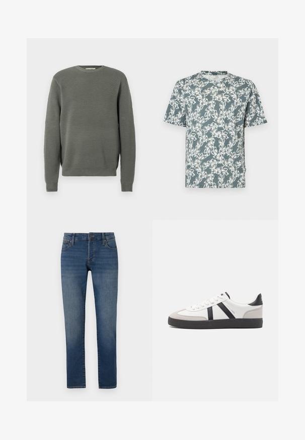 Groene geribbelde trui met een ronde halslijn, textuurstof, lange mouwen en geribbelde manchetten en zoom. Eenvoudig, rechtlijnig ontwerp.; Korte mouwen T-shirt in een teal kleur, met een wit bloemenpatroon. Gemaakt van lichtgewicht stof met een ontspannen pasvorm.; Slim-fit blauwe jeans met lichte vervaging op de bovenbenen, vijf-pocket ontwerp, knoopsluiting en rechte pijp op een witte achtergrond.; Witte sneaker met zwarte en grijze accenten, voorzien van een grijze neus met textuur, zwarte rubberen zool en platte witte veters. Schoon ontwerp, minimalistische stijl.