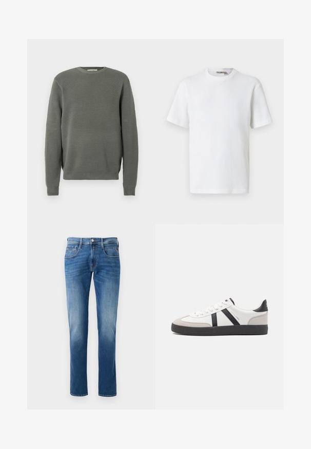 Groene geribbelde trui met een ronde halslijn, textuurstof, lange mouwen en geribbelde manchetten en zoom. Eenvoudig, rechtlijnig ontwerp.; Wit T-shirt met korte mouwen, wafelstructuur en ronde hals, met een klein merkembleem aan de binnenkant van de kraag, afgebeeld op een effen achtergrond.; Heren blauwe denim jeans met een vervaagde was, straight leg ontwerp, vijf zakken en een sluiting met een knoop aan de voorkant. Gestikte accenten op de zakken.; Witte sneaker met zwarte en grijze accenten, voorzien van een grijze neus met textuur, zwarte rubberen zool en platte witte veters. Schoon ontwerp, minimalistische stijl.