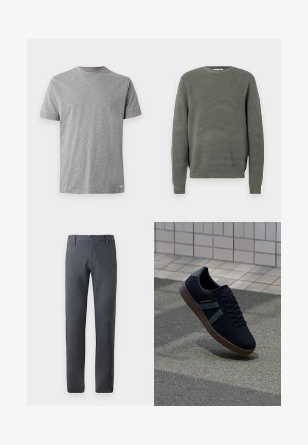 Grüner gerippter Pullover mit Rundhalsausschnitt, strukturiertem Material, langen Ärmeln sowie gerippten Bündchen und Saum. Schlichte, gerade Schnittführung.; Graues T-Shirt mit kurzen Ärmeln aus weicher Baumwolle. Verfügt über einen runden Halsausschnitt mit kontrastierendem Besatz und einen geraden Saum am unteren Ende.; Grau strukturierte Hose mit geradem Schnitt, ausgestattet mit einem Gürtelschlaufenbund, Fronttaschen und einem einzelnen Knopfverschluss.; Schwarze Sneaker mit strukturierter Oberfläche, dunkelgrünen Streifen und brauner Gummisohle. Mit Schnürung und Branding an der Seite.