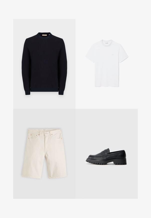 Pull en maille bleu marine avec un col ras du cou, des poignets et un ourlet côtelés. Présente un tissu texturé avec un motif subtil.; T-shirt blanc uni à manches courtes, col rond et petit logo brodé sur la poitrine gauche.; Shorts en denim écru avec poches avant, passants de ceinture et fermeture par bouton, posés à plat sur un fond neutre.; Mocassins en cuir noir avec un bout arrondi, présentant une sangle décorative et une semelle en caoutchouc épaisse avec de profonds crampons pour une meilleure adhérence.