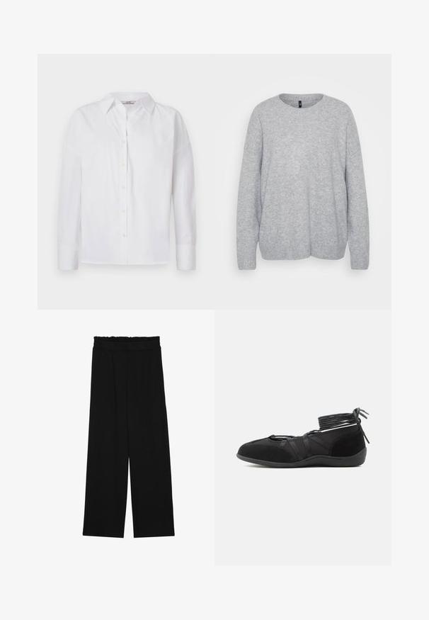 Lys grå sweater lavet af blødt garn, med rund halsudskæring, lange ærmer og ribbet kant. Enkel, struktureret strikket mønster over det hele.; Hvid skjorte med knapper, lavet af bomuld, med lange ærmer, klassisk krave og subtile syningsdetaljer.; Sorte brede bukser med en rynket talje, der har to sidelommer og et glat, let stof. Ingen synlige mønstre eller hardware.; Sort flad sko med omviklede ankelstropper og ruskindsdetaljer, designet til sikker pasform og minimalistisk stil.