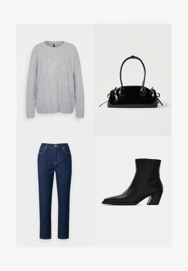 Svetlo šedý sveter vyrobený z jemnej priadze, s okrúhlym výstrihom, dlhými rukávmi a rebrovaným lemom. Jednoduchý, textúrovaný pletený vzor po celom povrchu.; Tmavomodré denimové džínsy s rovný fit, s predným zipsom, zapínaním na gombík a zvýrazneným šitím na vreckách a švoch.; Čierna kožená členková topánka s špicatou špičkou, elegantným siluetou a masívnym štvorecovým podpätkom. Hladký povrch s minimálnymi švovými detailmi.; Malá čierna lesklá kabelka s dvoma dlhými rúčkami a bočnými šnúrkovými detailmi na jednoduchom svetlom pozadí.
