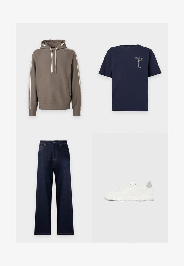 Brun hættetrøje lavet af blødt stof med hvide sidelister, justerbar snøre, kengurulomme og et lille logo på brystet.; Marineblå bomuld T-shirt med korte ærmer, med et hvidt trykt logo på brystet. Klassisk rund hals og almindelig pasform.; Mørkeblå denim jeans med høj talje, bredt ben og kontraststing. Egenskaber inkluderer forlommer og en enkelt baglomme.; Hvid lavtop-sneaker med gråt hælflig, hvide snørebånd og tekstureret sål, vist på en ensfarvet lys baggrund.