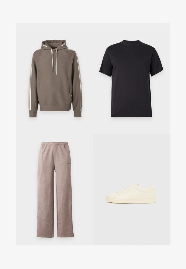 Sweat à capuche marron en tissu doux avec des rayures blanches sur les côtés, cordon de serrage ajustable, poche kangourou et petit logo sur la poitrine.; T-shirt noir à manches courtes avec un col rond haut et une coupe régulière, présenté sur un fond gris clair uni.; Pantalons de jogging brun clair avec une finition douce et texturée, design à jambes larges, taille élastiquée et subtil logo sur le côté.; Baskets couleur crème avec une tige en cuir lisse, bout arrondi, laçage à l'avant et semelle en caoutchouc texturée. Design minimaliste, sans logo.