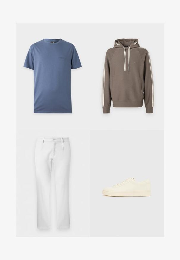 Sweat à capuche marron en tissu doux avec des rayures blanches sur les côtés, cordon de serrage ajustable, poche kangourou et petit logo sur la poitrine.; T-shirt bleu uni à manches courtes avec col rond et petit logo brodé discret sur la poitrine gauche.; Pantalon blanc droit avec passants pour ceinture, fermeture par bouton et plis avant sur fond uni.; Baskets couleur crème avec une tige en cuir lisse, bout arrondi, laçage à l'avant et semelle en caoutchouc texturée. Design minimaliste, sans logo.