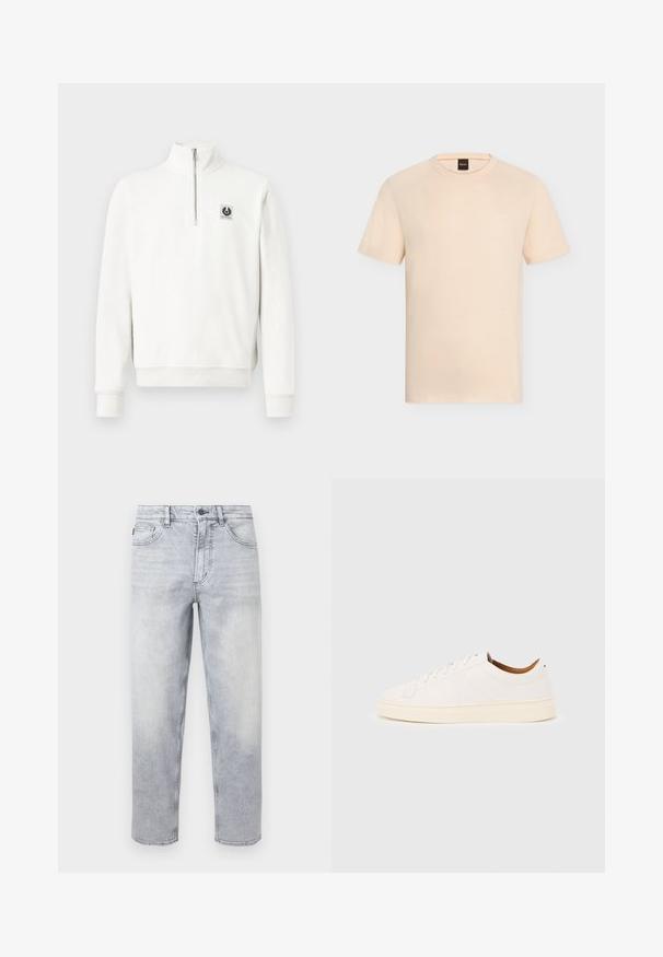 Pull-over blanc à demi-fermeture éclair avec poignets et ourlet côtelés, arborant un petit patch logo carré noir et blanc sur le côté gauche de la poitrine.; T-shirt beige manches courtes à col rond avec un logo « BOSS » discret sur la poitrine et une étiquette noire à l’intérieur de l’encolure.; Jean en denim gris clair délavé pierre avec fermeture par bouton et fermeture éclair, poches avant et arrière, coupe droite.; Baskets blanches basses avec un design à lacets, des détails de couture minimalistes, et une semelle couleur crème sur un fond gris clair.