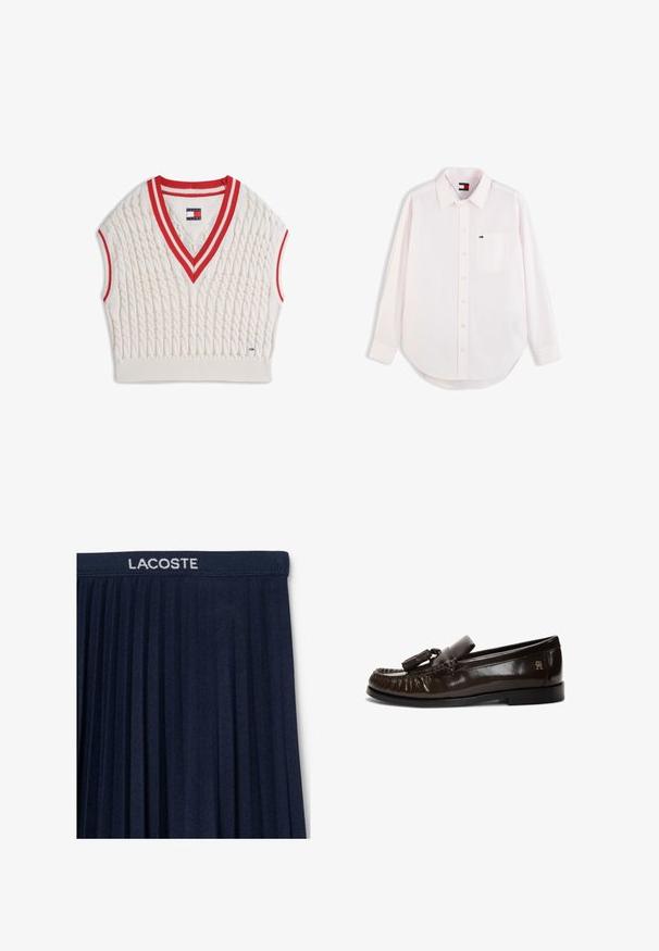 Roomkleurig kabelgebreid mouwloos sweatervest met rode en witte gestreepte V-hals en armsgaten, Tommy Jeans-label bij de kraag en zoom.; Wit overhemd met lange mouwen met dunne verticale strepen, knoopsluiting aan de voorkant, borstzakje en klein Tommy Hilfiger-logo op het borstzakje.; Marineblauwe geplisseerde rok met een elastische tailleband en witte "LACOSTE"-logo. Zachte stofstructuur met verticale plooien voor beweging.; Donkerbruine leren loafer met tassel, mocassin-stiksel, platte zwarte zool en klein gouden logo aan de hielzijde.