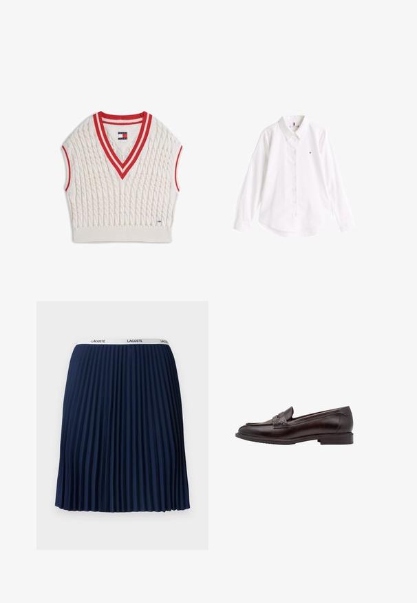 Roomkleurig kabelgebreid mouwloos sweatervest met rode en witte gestreepte V-hals en armsgaten, Tommy Jeans-label bij de kraag en zoom.; Witte button-up shirt van katoen met een klassieke kraag, lange mouwen en een afgeronde zoom. Heeft een klein gekleurd logo op de borst.; Marineblauwe geplooide rok met een gestructureerd ontwerp, elastische tailleband met "LACOSTE" merknaam en een gladde stof.; Donkerbruine leren penny loafer met lage hak, stikseldetails op de band en een gladde afgeronde neus, gezien vanaf de zijkant.