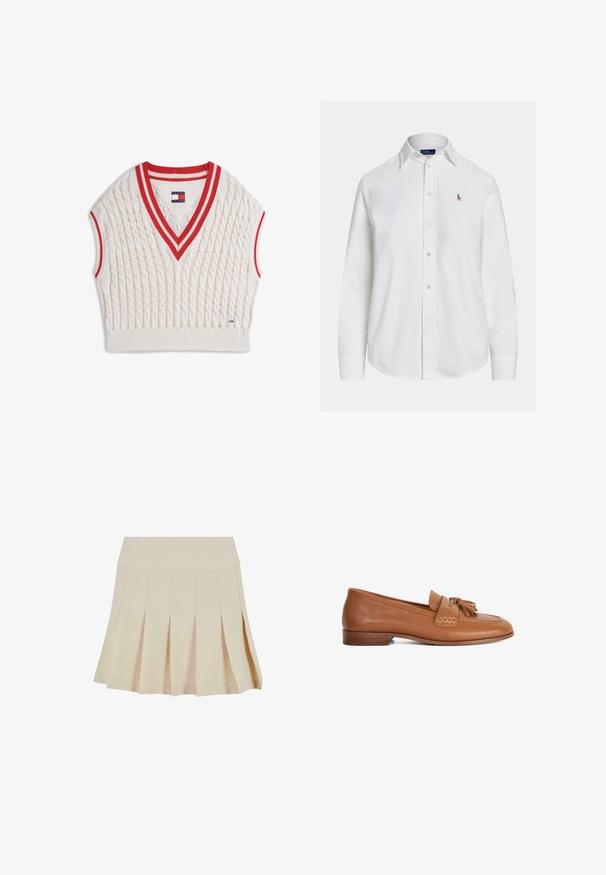 Roomkleurig kabelgebreid mouwloos sweatervest met rode en witte gestreepte V-hals en armsgaten, Tommy Jeans-label bij de kraag en zoom.; Wit overhemd met lange mouwen, knoopsluiting en kraag en een klein geborduurd logo op de linkerborst, weergegeven op een effen achtergrond.; Beige geplisseerde rok met een aangesloten tailleband, gemaakt van een gladde stof. Kenmerkt zich door meerdere verticale plooien en een rechte zoom.; Loafers van tanleer met een ronde neus, voorzien van een kwastdetail aan de voorkant, gestikte accenten en een lage houten hak. Gladde textuur.