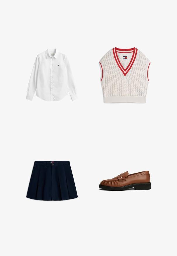 Chaleco de punto grueso sin mangas de color crema con cuello en V y sisas a rayas rojas y blancas, etiqueta Tommy Jeans en el cuello y el dobladillo.; Camisa blanca de manga larga con botones, confeccionada en tela con una ligera textura. Cuenta con un bolsillo frontal con un pequeño logo bordado y un cuello clásico.; Minifalda plisada de color azul marino con botones frontales y cremallera, trabillas para cinturón, bolsillos laterales y pequeño logo en la cadera izquierda.; Mocasines de piel marrón con una textura suave, punta redondeada, detalle de correa en el frontal y tacón bajo de goma negra.