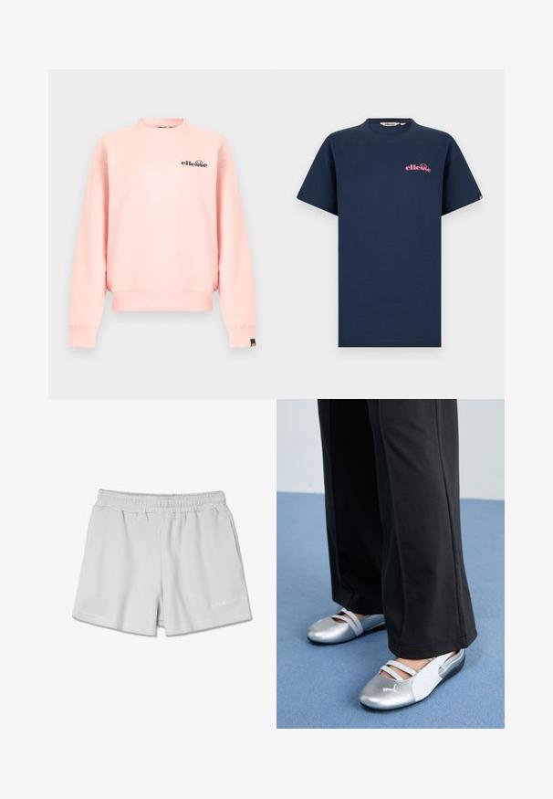 Sudadera rosa claro con cuello redondo, mangas largas, puños y dobladillo acanalados, y pequeño logo negro de "ellesse" en el pecho izquierdo y el puño.; Camiseta de manga corta azul marino con el logo "ellesse" en rosa en el pecho izquierdo y un logo pequeño en la manga derecha.; Pantalones cortos de canalé gris claro con una cinturilla elástica, que presentan dos bolsillos laterales y un pequeño logo blanco en la parte inferior derecha.; Zapatos deportivos plateados y blancos con dos correas cruzadas, acabado semibrillante y detalles texturizados, combinados con pantalones negros sobre una superficie azul.
