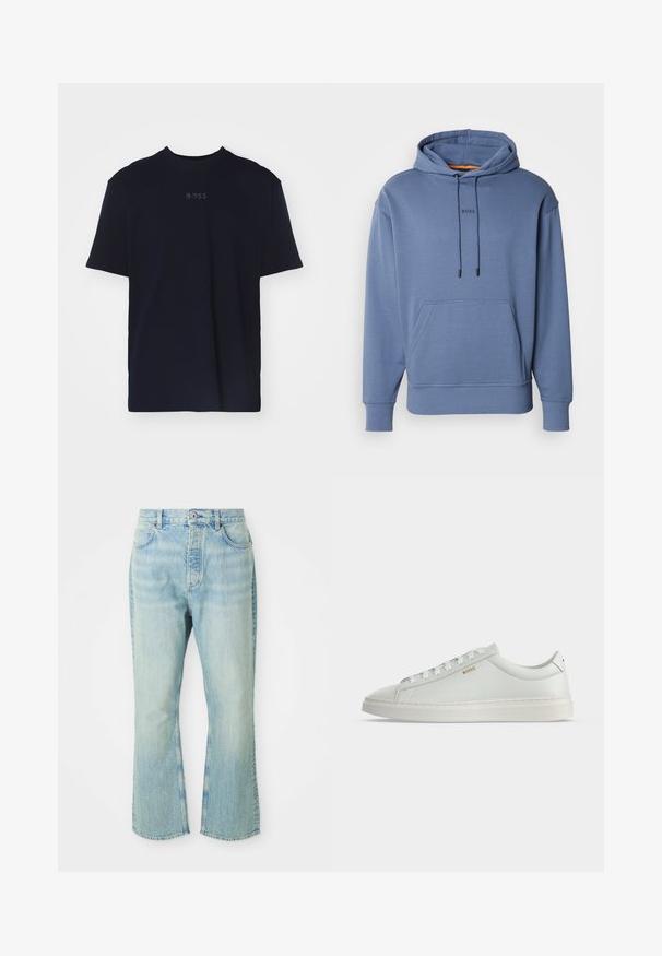 Sudadera azul con capucha, bolsillo frontal, cordones ajustables, puños acanalados y pequeño logotipo "BOSS" centrado debajo del cuello.; Camiseta de algodón azul marino de manga corta y escote redondo, con un logo gris "BOSS" centrado en el pecho.; Jeans de mezclilla de color azul claro, acampanados y de cintura alta, con cinco bolsillos, trabillas para el cinturón y un acabado desgastado.; Zapatilla blanca de cuero de corte bajo con cordones, suela plana y pequeño logo dorado "BOSS" en el lateral, vista desde el lado exterior.
