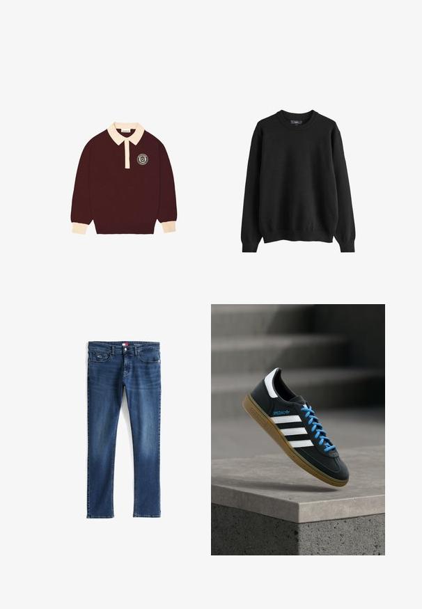 Sort crewneck sweater lavet af strikstof, med lange ærmer og ribbede manchetter og kant. Enkel design, ingen mønstre eller udsmykninger.; Bordeauxfarvet langærmet polo skjorte med cremefarvet krave og manchetter, knaplukning foran og cirkulært "Prohibited Berlin" logo på venstre bryst.; Mørkeblå denimjeans med slim fit, der har fem lommer, lynlås med knaplukning og subtil fading på benene.; Sort Adidas sneaker med hvide striber, blå snørebånd og gummisål, der svæver over gråt betontrin i blødt lys.