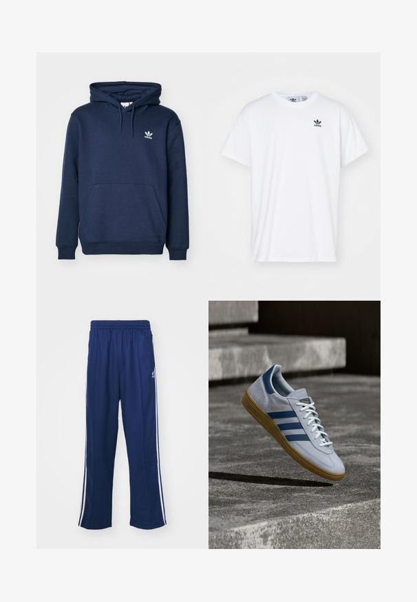 Sudadera de color azul marino fabricada en material suave, con un bolsillo tipo canguro, capucha con cordón y un pequeño logo blanco de Adidas en el pecho.; Camiseta blanca de algodón con mangas cortas, escote redondo y un logo negro de Adidas con tres franjas en la zona del lado izquierdo del pecho.; Pantalones deportivos en azul marino con un corte relajado, que presentan franjas laterales blancas y una cintura elástica. Tejido suave, sin patrones visibles ni herrajes.; Zapatilla Adidas Spezial azul claro con rayas azul marino y suela de goma, mostrada en el aire sobre escalones de hormigón en un entorno exterior neutral.