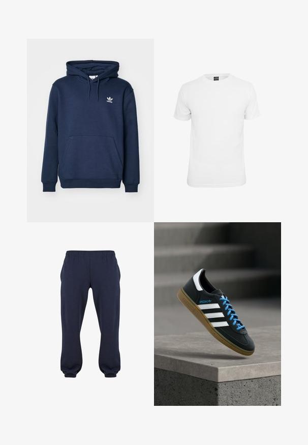 Sudadera de color azul marino fabricada en material suave, con un bolsillo tipo canguro, capucha con cordón y un pequeño logo blanco de Adidas en el pecho.; Camiseta blanca de manga corta, fabricada en algodón, con un cuello redondo y una textura suave, diseñada para el uso casual.; Pantalones sudadera azul marino con cintura elástica y puños ajustados, confeccionados en tela suave, sin patrones ni herrajes visibles.; Zapatilla negra Adidas con franjas blancas, cordones azules y suela de goma flotando sobre un escalón de hormigón gris con luz suave.