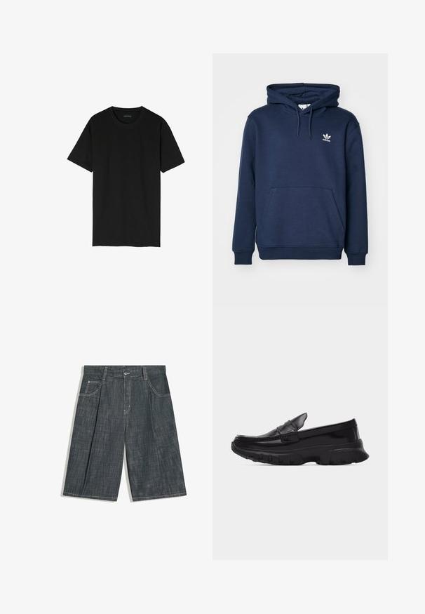 Marineblå hoodie lavet af blødt materiale, som har en kængurulomme, snoretræk i huen og et lille hvidt Adidas-logo på brystet.; Sort kortærmet t-shirt lavet af bomuld. Har en klassisk rund hals og et enkelt, udekoreret design.; Mørkegrå denim knælange shorts med knap foran, bæltestropper, to forlommer og synlige hvide syninger.; Sort skinnende loafer med tyk tekstureret sål og syningdetaljer, sideprofil på ensformig lysegrå baggrund.