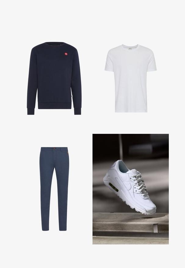 Mørkeblå sweatshirt lavet af blødt bomuld, med rund hals, lange ærmer og et lille kontrastfyldt rødt logo på brystet.; Plain hvid kortærmet t-shirt med rund hals, vist på en hvid baggrund, med et lille nakke-label, der viser mærket “Solid”.; Marineblå bomuldsbukser med slim fit, udstyret med en brun knap, forlommer og simpel syning. Glat tekstur, ingen synlige mønstre.; Hvide lædersneakers med teksturerede overflader, polstret krave og synlig luftpolstring i sålen. Har snørrebånd og et minimalistisk design.