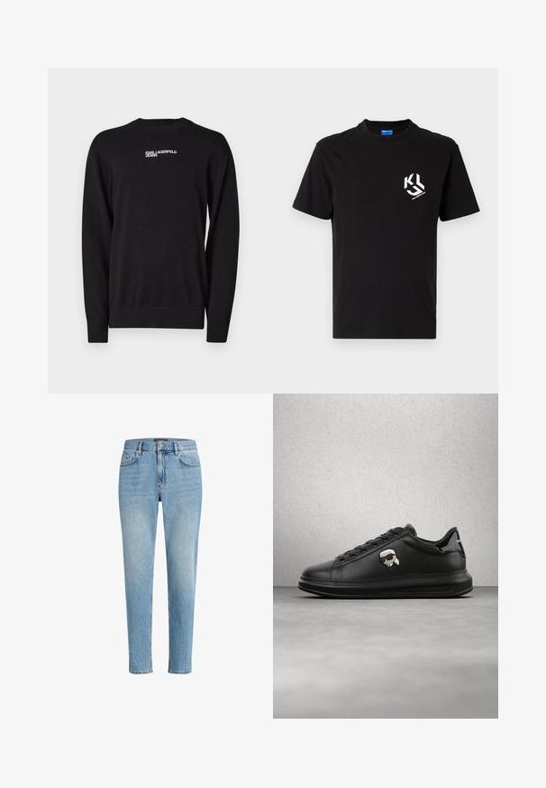 Čierny pletený sveter s okrúhlym výstrihom, rebrovanými manžetami a spodným okrajom, s bielym logom "KARL LAGERFELD JEANS" na hornej časti prednej strany.; Čierne bavlnené tričko s bielou grafikou na ľavej strane hrude. Okrúhly výstrih, krátke rukávy a klasický strih.; Svetlomodré džínsy s uvoľneným strihom, päť vrecúškovým dizajnom a jemným efektom opotrebovania. Obsahujú označkovanú nášivku pri páse.; Osoba nosiaca čierne kožené nohavice a čierne tenisky s malým doplnkom s postavičkou z rozprávky na boku, stojaca na drevenej podlahe.