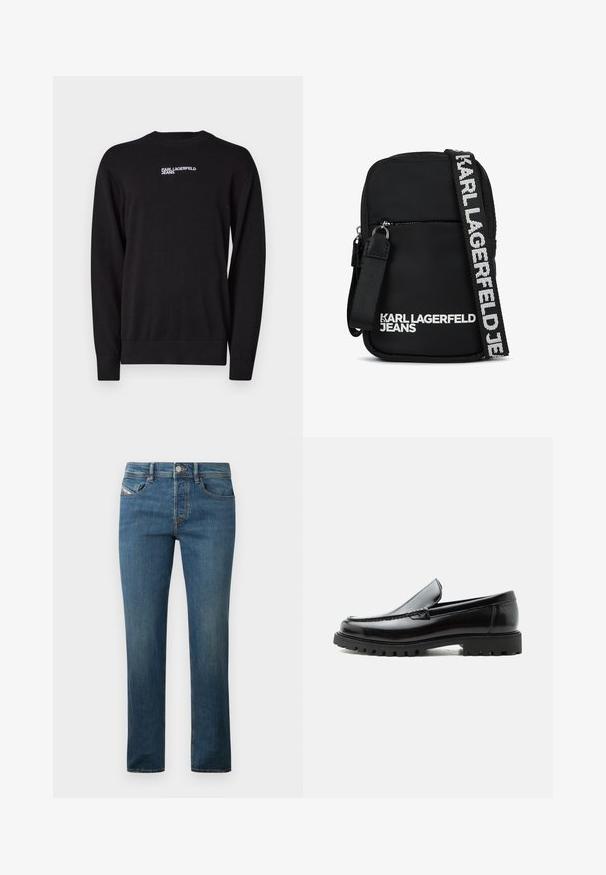 Čierny pletený sveter s okrúhlym výstrihom, rebrovanými manžetami a spodným okrajom, s bielym logom "KARL LAGERFELD JEANS" na hornej časti prednej strany.; Tmavomodré denimové džínsy so strihom rovného nohavicu, s piatimi vreckami a jemným vyblednutím. Obsahujú kovový gombík a pútka na opasok.; Čierny kožený mokasín s hrubou gumovou podrážkou, prešitý zvršok a vyrazeným názvom značky na päte, zobrazený z bočného profilu na bielom pozadí.; Čierna látková crossbody taška s obdlžníkovým tvarom, so zipsovým predným vreckom a kontrastným logom na remienku v bielej farbe.