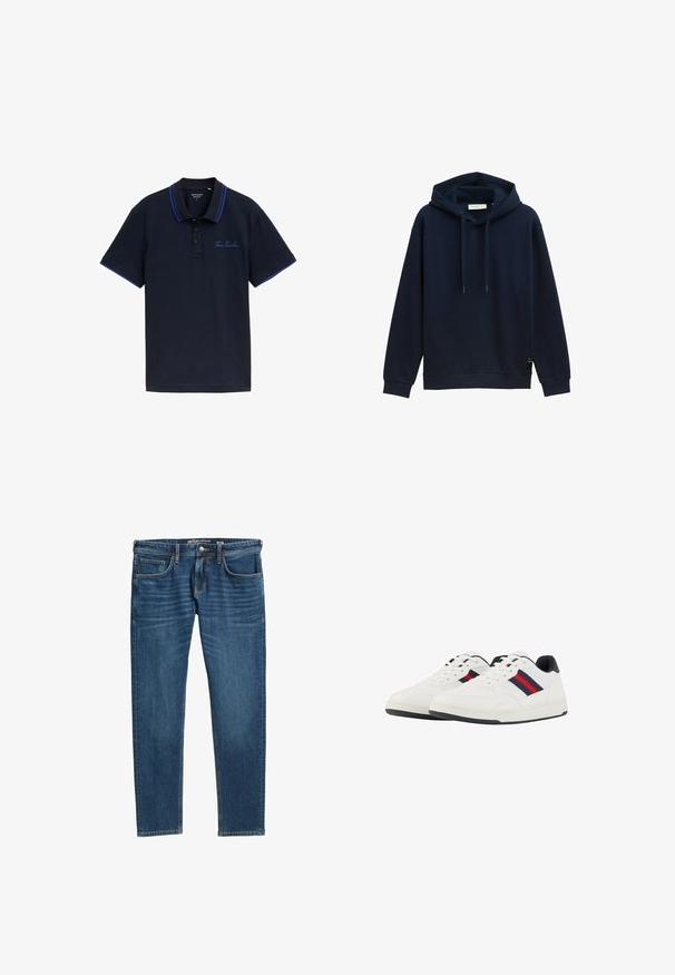Marineblaue Kapuzenjacke mit verstellbarem Kapuzenzug, gerippten Bündchen und Saum. Verfügt über ein kleines, markenbezogenes Etikett auf der unteren linken Seite. Stoff aus Baumwollmischung.; Marineblaues Poloshirt mit einer Zwei-Knopf-Leiste, kontrastierenden blauen Kragen- und Ärmeldetails sowie gesticktem "Tom Tailor"-Logo auf der Brust.; Dunkelblaue Jeans im geraden Schnitt, mit fünf Taschen und sichtbaren Nähten an den Nähten. Mit Reißverschluss und Logo-Tag.; TOM TAILOR Sneaker low - white navy
