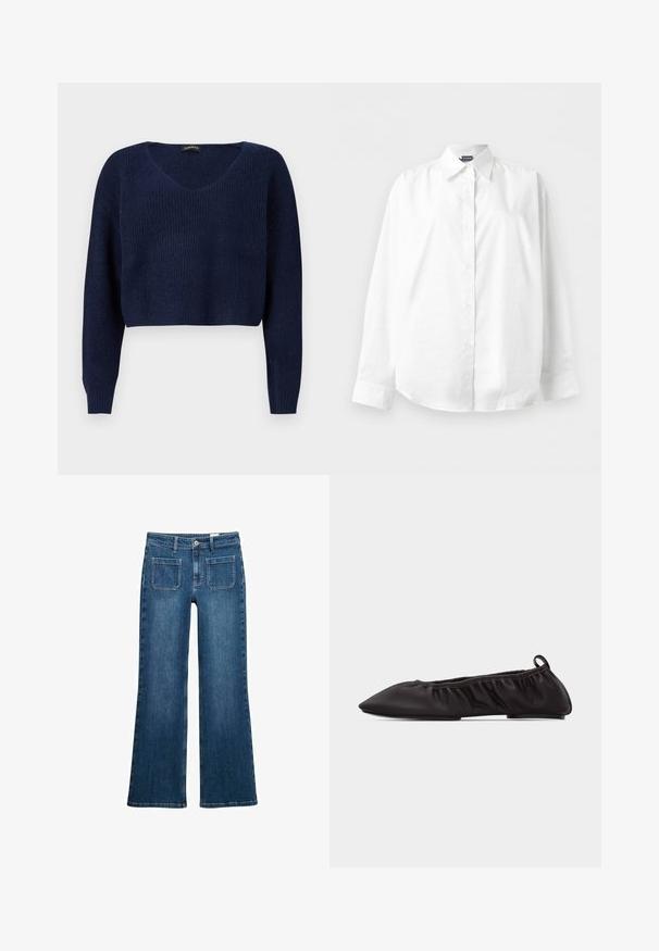 Marineblauwe cropped trui met een V-hals, lange mouwen en een gestructureerd breipatroon. Ontworpen voor een ontspannen pasvorm.; Wit overhemd met lange mouwen en knopen, met spitse kraag, plat neergelegd tegen een effen witte achtergrond.; Blauwe denim flared jeans met een middelhoge taille, sluiting met een knoop en rits aan de voorkant, vijf zakken en gestikt detail op de naden.; Zwarte platte ballerina van zacht leer met een puntige neus, geplooide elastische zijkanten en een trekkoordje aan de hiel op een witte achtergrond.