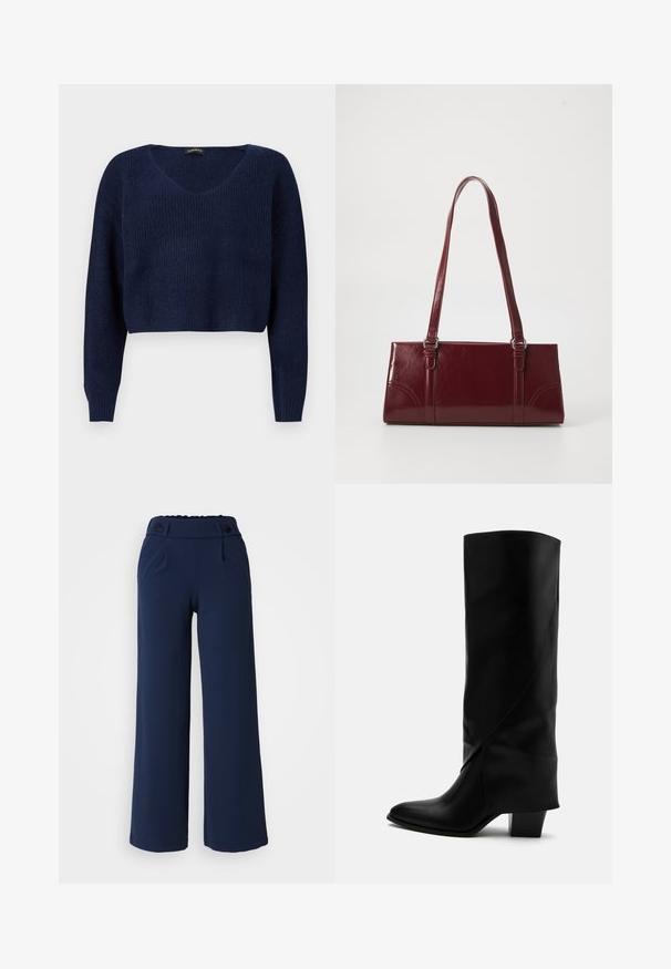 Marineblå cropped sweater med V-hals, lange ærmer og et struktureret strikmønster. Designet til en afslappet pasform.; Marineblå vidde bukser lavet af blødt stof; har flad front, to sidelommer og dobbelt knaplukning i taljen.; Høj sort læderstøvle med skråt syning, spids tå og kraftig mellemhøj hæl på hvid baggrund.; Bordeaux håndtaske lavet af glansfuldt materiale, rektangulær form, med to skulderremme og subtile buede detaljer på forsiden.