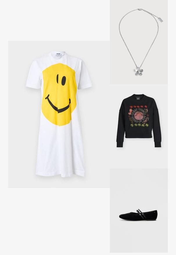 Sweat-shirt noir avec étoiles brodées colorées, feuilles de plante, un scorpion, et le texte « De grandes choses vous attendent » autour d'un soleil rose et d'une colline.; Robe blanche à manches courtes avec un grand motif visage souriant jaune centré sur le devant, col rond et étiquette Moschino à l'intérieur du col.; Chaussure plate en suede noir avec un bout pointu, dotée de deux sangles réglables sur le coup de pied et d'une semelle basse et plate.; Collier chaîne en argent avec pendentif fleur à cinq pétales poli et petite étiquette rectangulaire de marque près du fermoir.