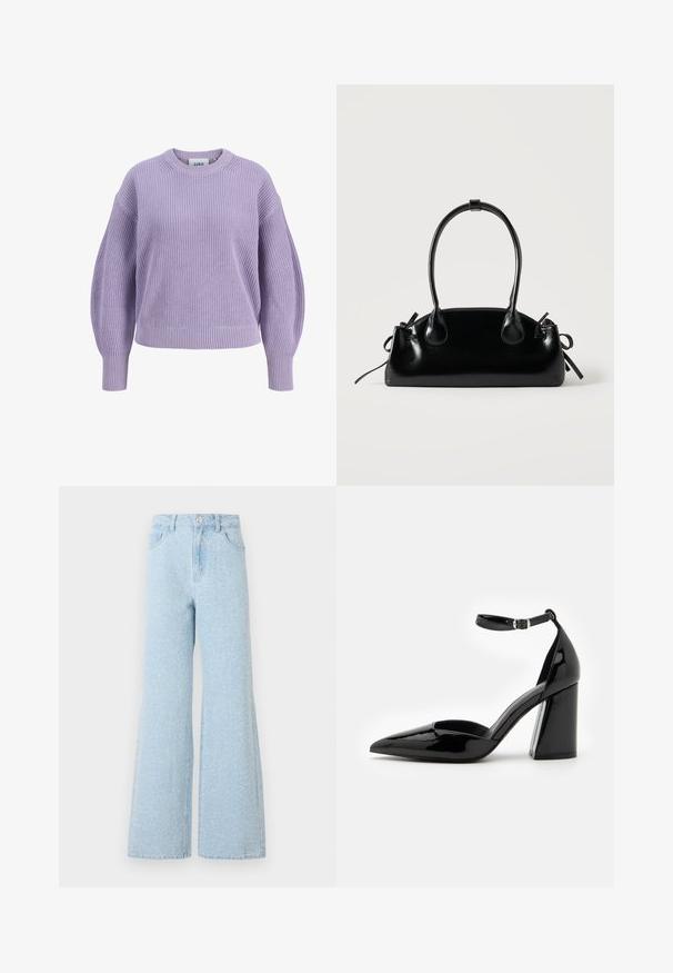 Lilla lilla strikket sweater med ballonærmer, ribbede manchetter, kant og rund hals, vist på hvid baggrund.; Lys blå denim vide ben jeans med høj talje, der har en knaplukning, fem lommer og en subtil falmet tekstur.; Sorte patenterede læder høje hæle med spids tå, ankelrem og bred blokhæle for stabilitet, med en glat og skinnende overflade.; Lille sort blank håndtaske med to lange håndtag og snøre-detaljer i siden på en ensfarvet lys baggrund.