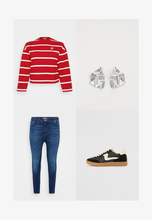 Rotes Langarmshirt mit horizontalen weißen Streifen, mit Rundhalsausschnitt und kleinem gesticktem Logo auf der Brust. Aus weichem Baumwollmaterial.; Dunkelblaue Skinny-Jeans mit vorderen Taschen, Gürtelschlaufen und einem Knopfverschluss auf einem schlichten hellen Hintergrund.; Schwarze Wildleder- und Leder-Sneaker mit einem cremefarbenen Seiten-Swoosh und einer hellcremefarbenen Ferse. Ausgestattet mit beige Schnürsenkeln und einer Gummilaufsohle.; Silberne Metallohrringe mit einem wellenförmigen, skulpturalen Design, das eine polierte Oberfläche und unregelmäßige Formen aufweist, die eine zeitgenössische Ästhetik betonen.