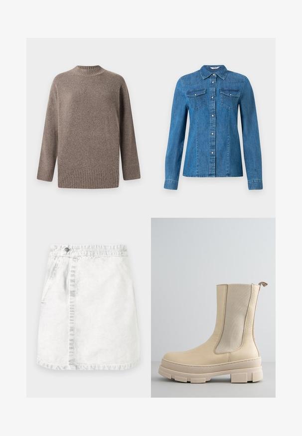 ONLY Knitted ONLHAZEL Knitted - Strickpullover - brown lentil; Denimhemd in einem mittleren Blauton, mit einer Knopfleiste, zwei Brusttaschen und einem Kragen. Glatte Textur mit dekorativen Nähten.; Denimrock in Hellgrau. A-Linie Design mit vorderen Taschen, einer sichtbaren Naht in der Mitte und einem einzelnen Metallknopf am Bund.; Beiger Lederstiefel bis zur Mitte der Wade mit grober, strukturierter Sohle und elastischem Seiteneinsatz.
