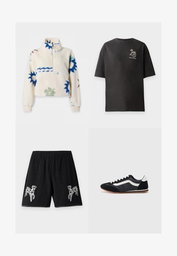 Flødefarvet fleece-pullover med blå og grønne blomster- og bølgemønstre, høj krave, halv lynlås, frontlomme og ribbede manchetter.; Sort t-shirt med korte ærmer, der har et lille hvidt Billabong logo og grafisk motiv på brystet. Fremstillet af blød bomuld med en afslappet pasform.; Sorte shorts i struktureret stof; har hvid broderet design på begge ben og kontrastsyninger langs kanten. Elastisk talje.; Sort atletisk sko med overdel i ruskind og tekstil, hvide detaljer, seks snørrehuller og gummisål. Elegant form med lav profil.