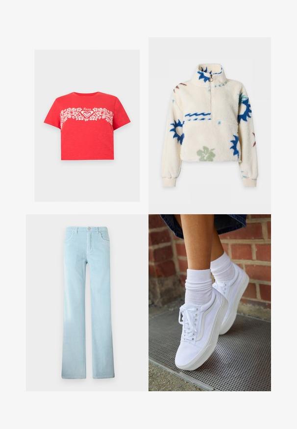 Pull en polaire crème avec motifs floraux et ondulés bleus et verts, col montant, demi-fermeture éclair, poche avant et poignets côtelés.; T-shirt rouge court avec bande florale blanche sur la poitrine et logo "Roxy" centré au-dessus du motif floral.; Pantalon en velours côtelé bleu clair avec coupe droite, fermeture par bouton et poches avant, présenté sur un fond blanc uni.; Baskets en toile blanches avec semelles en caoutchouc, dotées de six œillets, d'un bout rond et de détails de couture légers, portées avec des chaussettes blanches mi-mollet.