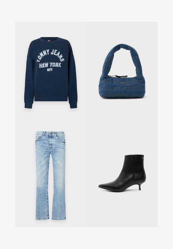 Sweatshirt bleu marine avec "TOMMY JEANS NEW YORK CITY" imprimé en grand texte blanc. Doté d'un col rond et de poignets côtelés.; Jeans évasés bleu clair en denim. Présentent un délavage usé, une patch distendue, cinq poches et une fermeture à bouton à la taille.; Bottine en cuir noir avec bout pointu et petit talon kitten sur fond clair, vue côté extérieur.; Sac en denim bleu avec une poignée courbée rembourrée. Présente un motif logo brun subtil et une fermeture à cordon noir.