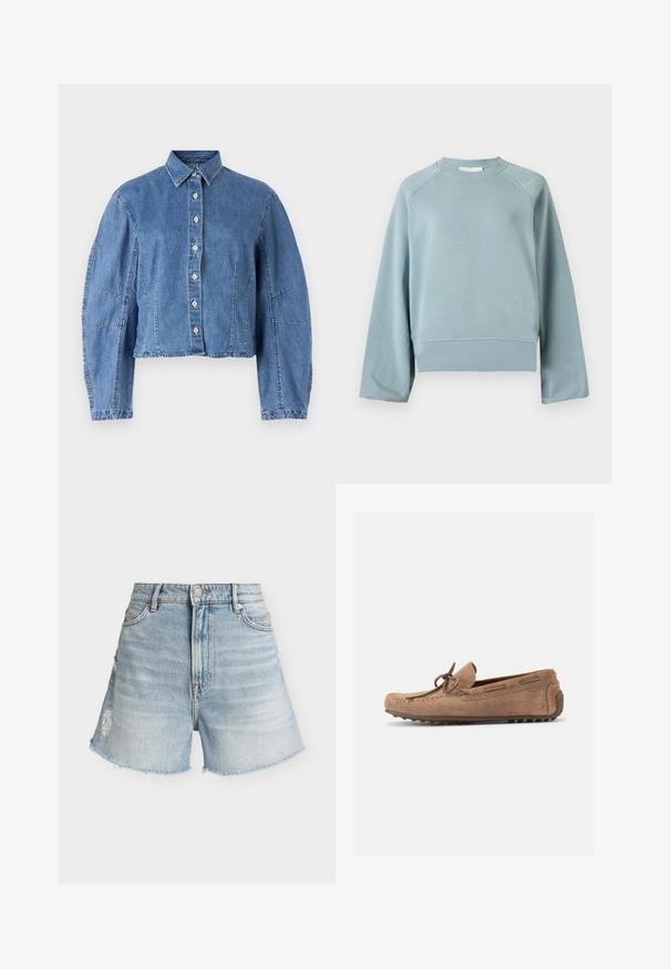 Sweat-shirt bleu clair à col rond avec manches raglan longues, ourlet et poignets côtelés, présenté sur un fond blanc uni.; Veste en denim courte de couleur bleu clair, avec un devant à boutons, un col pointu et des manches bouffantes avec des coutures latérales.; Short en jean bleu clair taille haute, bouton et fermeture éclair à l'avant, poches avant, légère usure au niveau de la cuisse gauche et ourlets effilochés.; Mocassin de conduite en daim marron clair avec détail nœud, coutures moc toe, et semelle extérieure en caoutchouc à picots, présenté de profil sur fond blanc.
