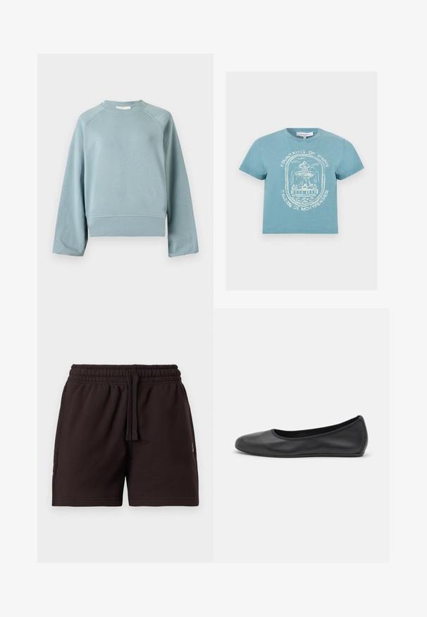 Sweat-shirt bleu clair à col rond avec manches raglan longues, ourlet et poignets côtelés, présenté sur un fond blanc uni.; T-shirt bleu clair à manches courtes avec un croquis blanc d'une fontaine de Paris et le texte « Fountains of Paris Galerie de Montpensier » sur le devant.; Shorts à taille élastique noire avec cordon de serrage, devant plat et poches latérales, présentés sur un fond clair uni.; Ballerines en cuir noir avec un bout rond, texture lisse, détails de couture minimalistes et design de semelle flexible.
