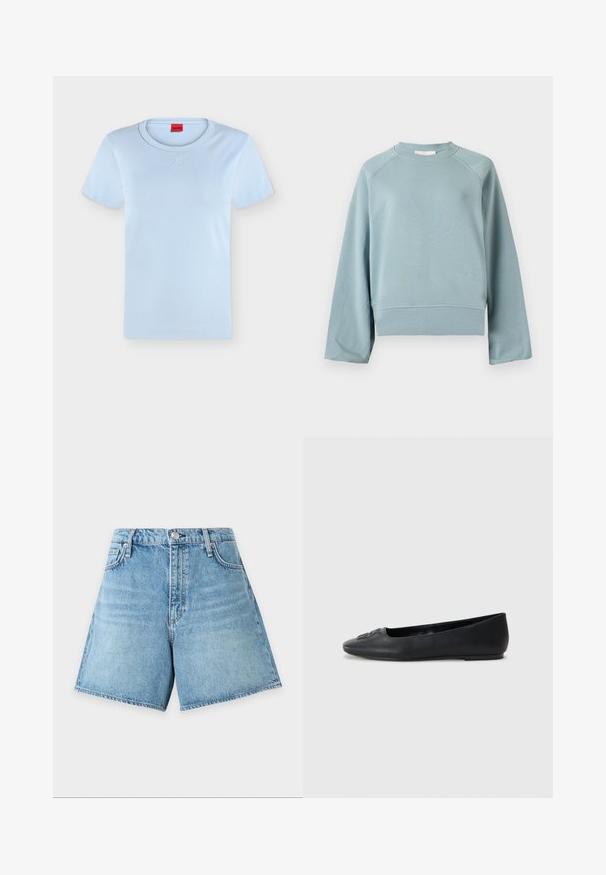 Sweat-shirt bleu clair à col rond avec manches raglan longues, ourlet et poignets côtelés, présenté sur un fond blanc uni.; T-shirt bleu clair à manches courtes avec col rond et logo "HUGO" en relief subtil centré sous le col, ainsi qu'une étiquette intérieure rouge.; Short en denim bleu clair avec bouton et fermeture éclair à l’avant, passants pour ceinture et design à cinq poches sur un fond clair uni.; Ballerine en cuir noir avec une texture lisse, bout arrondi et décoration subtile à l'avant. Talon plat et bas.