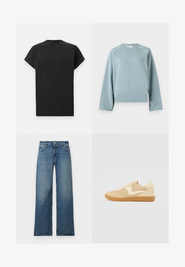 Sweat-shirt bleu clair à col rond avec manches raglan longues, ourlet et poignets côtelés, présenté sur un fond blanc uni.; T-shirt noir à manches courtes avec col rond, coupe décontractée, design uni et col côtelé sur fond blanc.; Jean bleu à jambes larges avec fermeture devant à bouton et zip, poches avant et arrière, et détails subtils d'effilochage.; Sneaker beige avec des matériaux en daim et en maille, forme arrondie, col rembourré proéminent et semelle en caoutchouc gomme. Présente un accent de design en forme de vague.