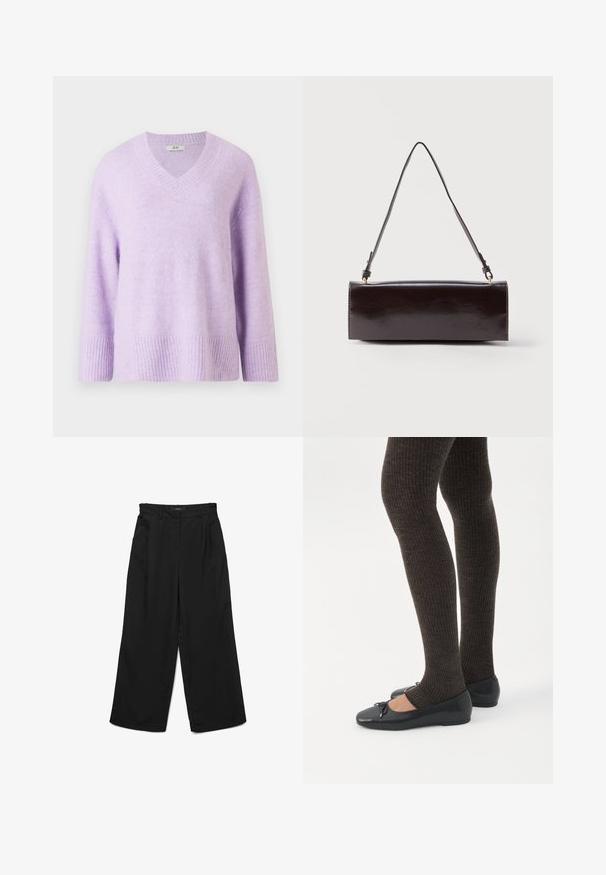 V-hals pullover striktrøje i blød lys lavendel, lavet af tekstureret stof, med 3/4 ærmer og ribkant ved bund og ærmer.; Sorte bukser med brede ben, flad front, to plisser og sidelommer. Fremstillet af glat stof med en struktureret linning.; Ben iført mørke ribbede leggings kombineret med sorte balletsko med små sløjfedetaljer på hvid baggrund.; Rektangulær sort læderhåndtaske med en enkelt lang rem og blank finish, vist mod en ensfarvet hvid baggrund.