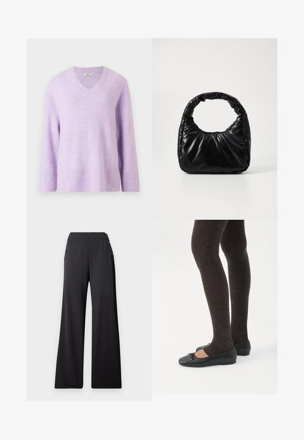 Pull-over en V en lavande clair doux, fabriqué en tissu texturé, avec des manches trois-quarts et un ourlet et des poignets côtes.; Pantalon large noir à taille haute avec des boutons décoratifs sur les côtés, présenté à plat sur un fond uni.; Jambes portant des leggings côtelés foncés associés à des ballerines noires avec de petits détails en nœud sur fond blanc.; Sac à main noir rembourré avec une poignée arrondie, présentant une surface lisse et brillante ainsi qu'une texture douce et matelassée. Pas de quincaillerie ou d'accents visibles.