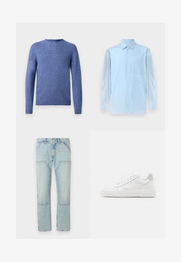 Pull en tricot bleu avec un col rond, des manches longues et un ourlet côtelé. Texture douce et couleur uniforme sans motifs ni embellissements.; Chemise à manches longues bleu clair avec un col boutonné et une poche poitrine unique, présentée sur un fond neutre.; Jean en denim bleu clair à jambe droite, avec poches plaquées et finition délavée. Fermeture à bouton à la taille, passants de ceinture standards.; Des baskets en cuir blanc avec une finition lisse, un bout rond, des lacets plats et une semelle texturée. Accents en daim gris au niveau du talon.