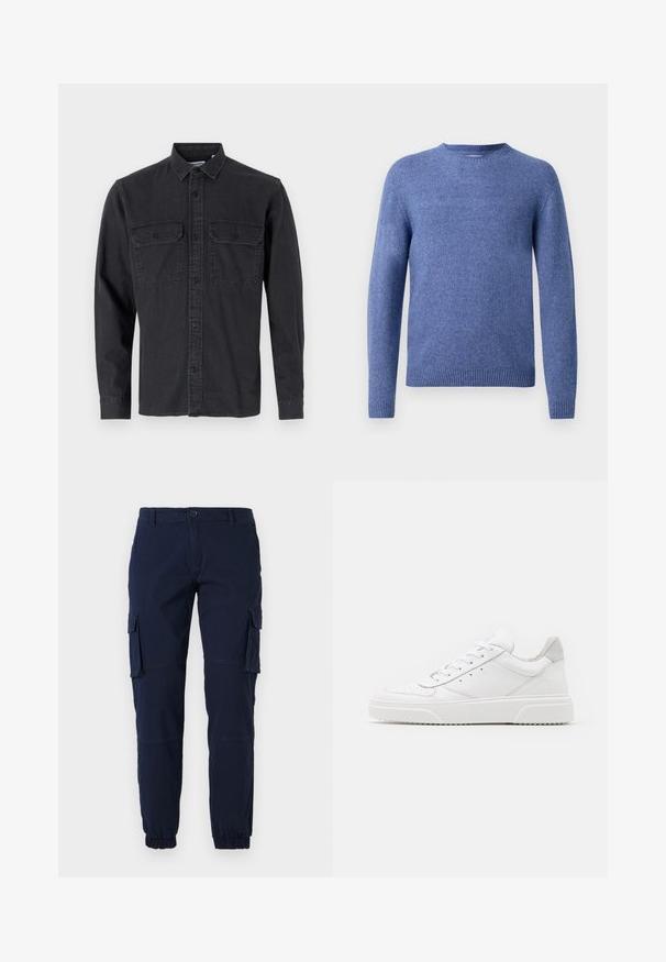 Pull en tricot bleu avec un col rond, des manches longues et un ourlet côtelé. Texture douce et couleur uniforme sans motifs ni embellissements.; Chemise à manches longues, de couleur gris foncé, à boutons, en mélange de coton, avec deux poches poitrine et col classique.; Pantalon cargo bleu marine avec poignets élastiques, plusieurs poches latérales et une fermeture éclair. Fabriqué à partir d'un tissu durable au toucher lisse.; Des baskets en cuir blanc avec une finition lisse, un bout rond, des lacets plats et une semelle texturée. Accents en daim gris au niveau du talon.