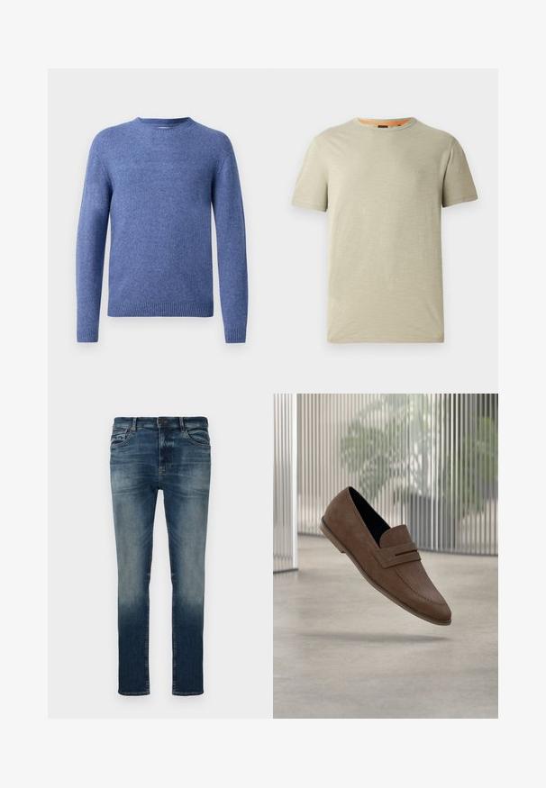 Suéter de punto azul con cuello redondo, mangas largas y dobladillo acanalado. Textura suave y color uniforme sin patrones ni adornos.; Camisa de manga corta verde claro hecha de un tejido texturizado. Presenta un cuello redondo y un pequeño logotipo en relieve "BOSS" en el pecho.; Vaqueros de mezclilla azul oscuro con un lavado desgastado, corte slim, diseño de cinco bolsillos, presillas para cinturón y cierre de botón de metal. Textura suave.; Mocasines de ante marrón con un acabado suave, detalles cosidos y diseño de punta redondeada. Suela elevada y estilo fácil de poner.
