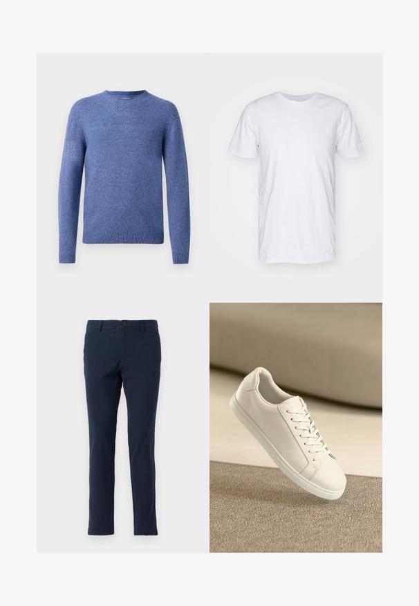 Sininen neulepaita pyöreällä kauluksella, pitkillä hihoilla ja ribatulla helmalla. Pehmeä rakenne ja tasainen väri ilman kuvioita tai koristeita.; Selected SLHASPEN SLUB TEE - T-paita - bright white; Tummansiniset puuvillachinot slim-fit-mallissa, jossa on nappi- ja vetoketjukiinnitys, vyölenkit sekä etu- ja takataskut. Pintakuvio on sileä.; Valkoinen nahkakenkä valkoisilla nauhoilla, esillä beigellä tekstuuripinnalla ja pehmeästi sumentuneessa taustassa.